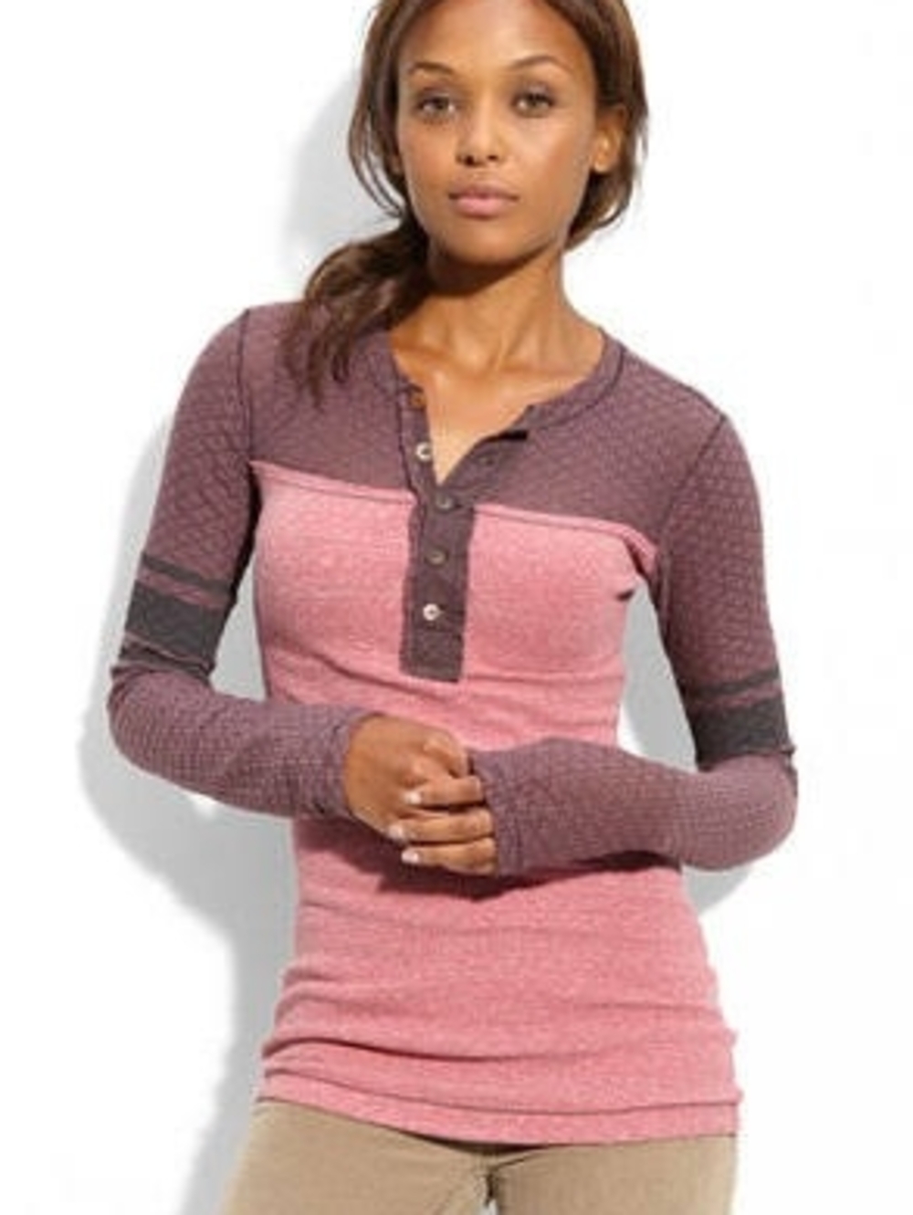 We The Free Retro Thermal Henley Waffle Knit Bohobo Long Sleeve Mixed Media